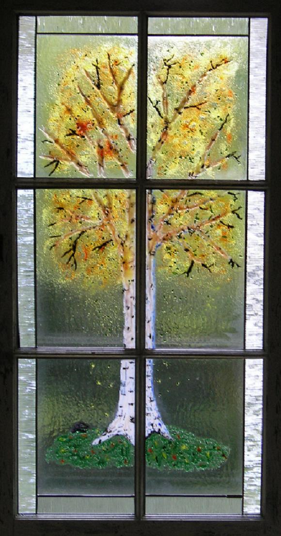 Fused glass, frit, tree,antique window frame.
