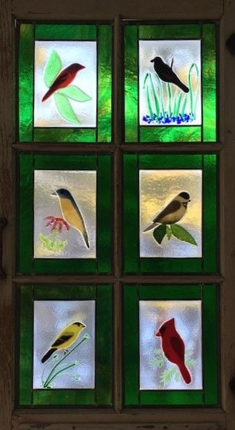 fused birds, antique, windowframe
